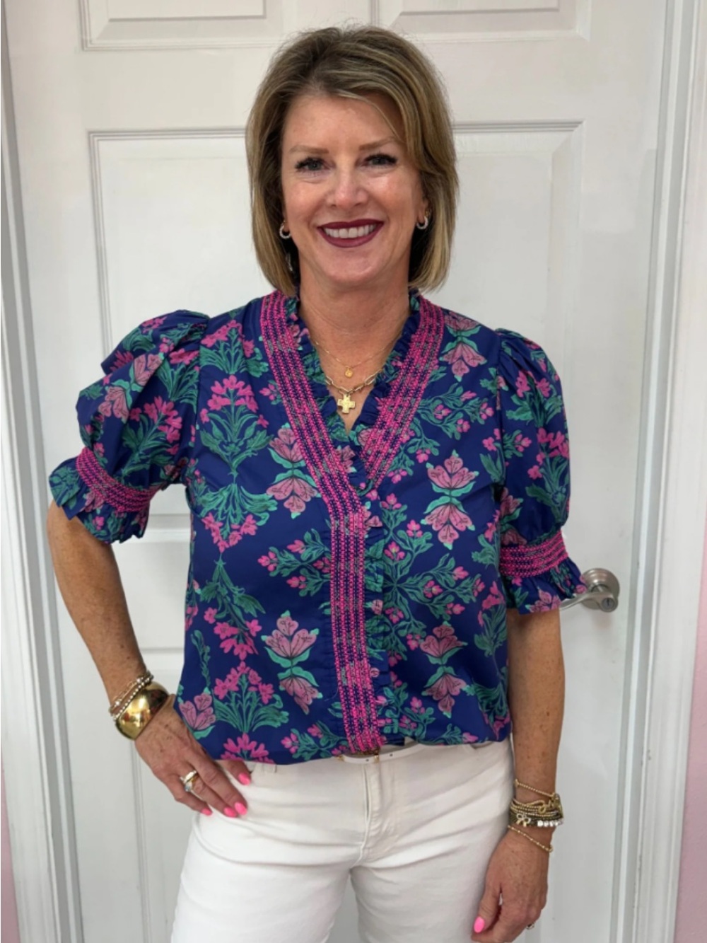 TODAY SALE 🎈🎈Entro Pink Floral Puff Sleeve Cottagecore Blouse Size Large - Picture 2 of 9